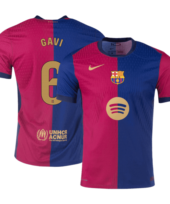 Barcelona GAVI #6 Home Soccer Jersey Authentic- Spotify Logo Without Text